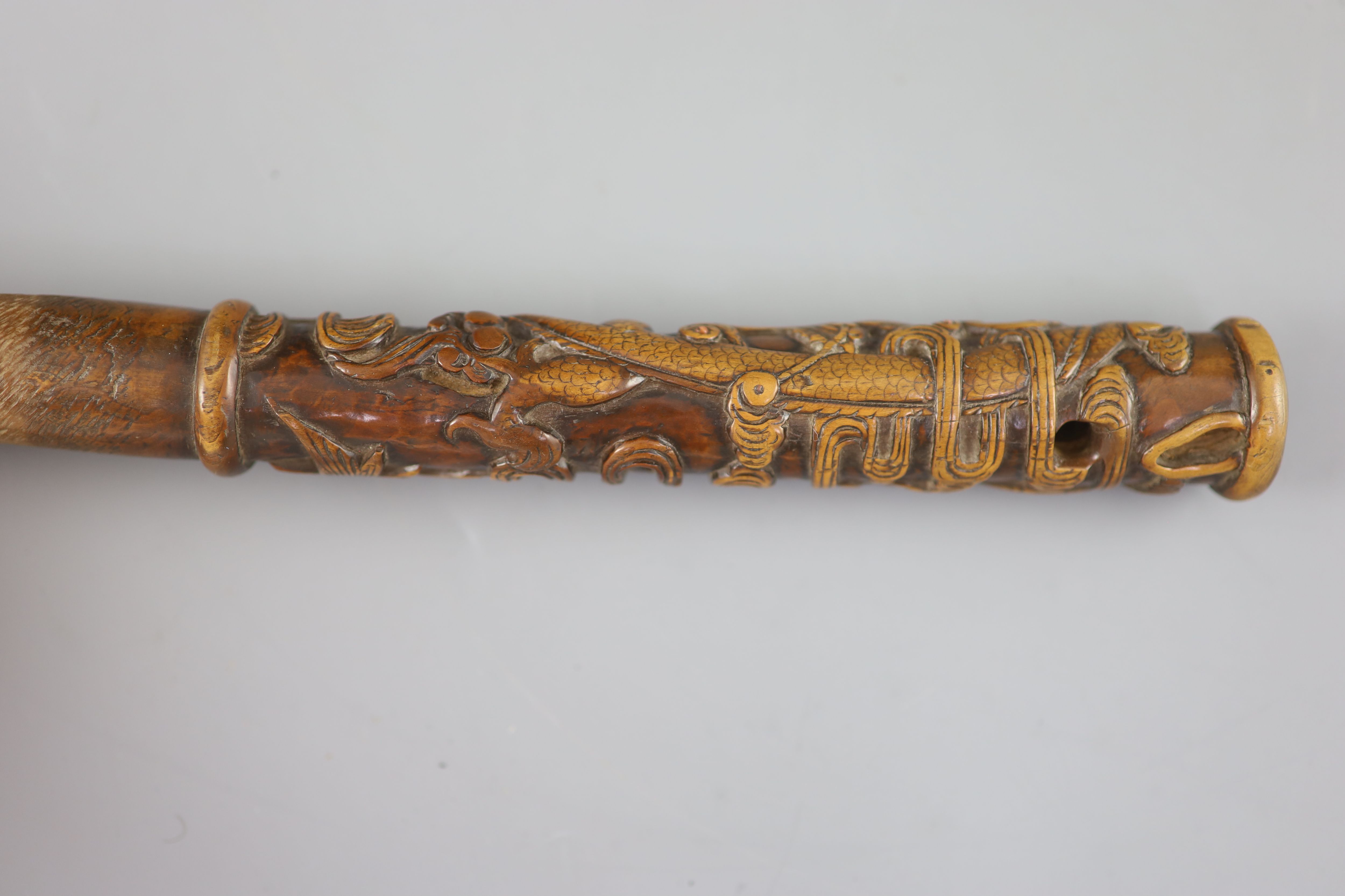 A Chinese hongmu model of a vase and a Chinese boxwood dragon handle, 18th century,